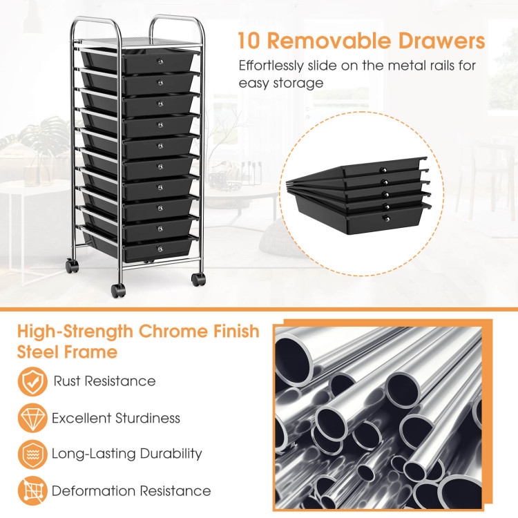 10 Drawer Rolling Storage Cart Organizer with 4 Universal Casters-Black - Gallery View 10 of 11
